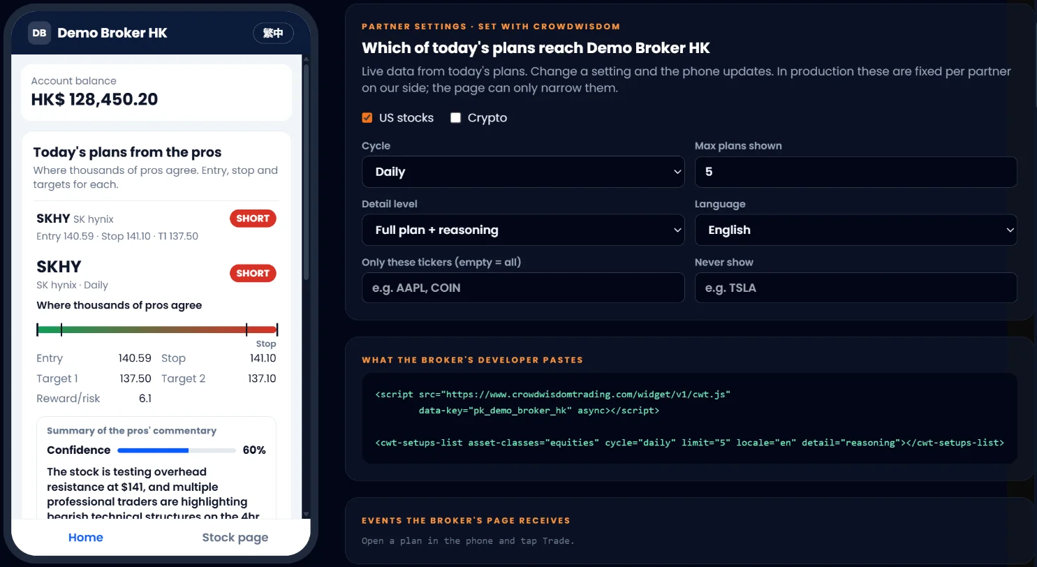 Partner widget demo inside a broker app, with partner settings and embed code